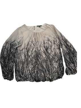 Roz & Ali Black and White Branch-Print Long Sleeve Blouse